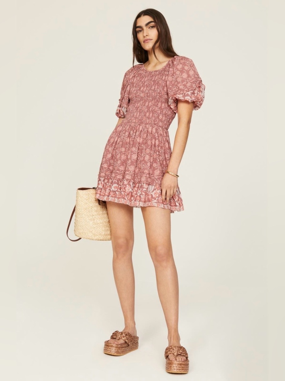 Cleobella~Rose Printed Puff-Sleeve Smocked Mina Mini Dress~Size Small~$218~